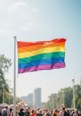 Rainbow Pride Flag Waving Outdoors with Crowd in Background