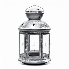 Silver Metal Lantern with Snow and Candle on White Background