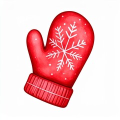 Red Knit Mitten with Snowflake Watercolor Illustration