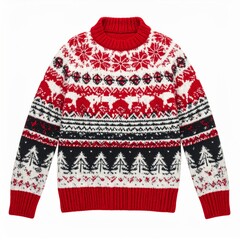 Red White Black Knitted Christmas Sweater with Reindeer and Snowflake Pattern