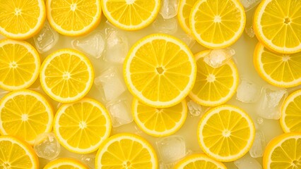 Top view of vibrant yellow lemon slices with ice cubes. Refreshing citrus background perfect for summer drinks, food concepts, or healthy lifestyle visuals.