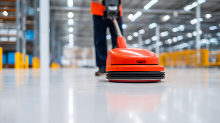 Fototapeta premium A high angle view of a floor care machine being used to polish and clean a shiny industrial floor, with a person operating the machine in the background, close up 60813076 1