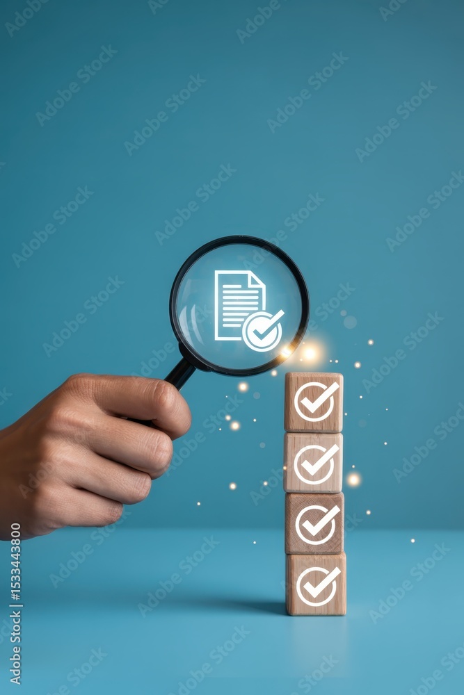 Poster magnifying glass focusing on a document with a check mark symbol atop a stack of wooden blocks.