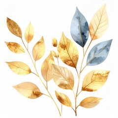 Obraz premium Watercolor Gold and Blue Autumn Leaves Branch