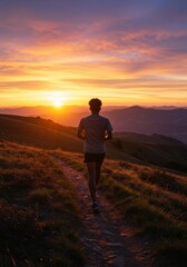 Obraz premium Person Running on Mountain Trail at Sunrise