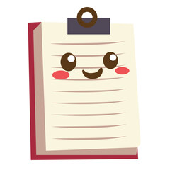 Pink clipboard with smiling face and lined paper in kawaii style. Ideal for school materials, kids’ notes, or fun organizational illustrations.