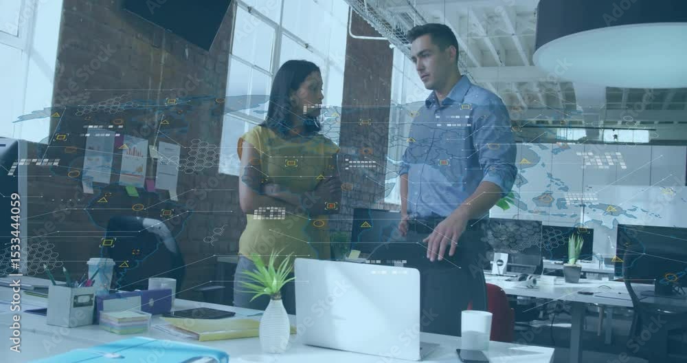 Poster colleagues starting data overlay with floating chart pointing at laptop showing business analytics
