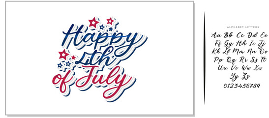 Handwritten Happy 4th of July Typography Design with Stars Decoration - Festive Script Font Illustration