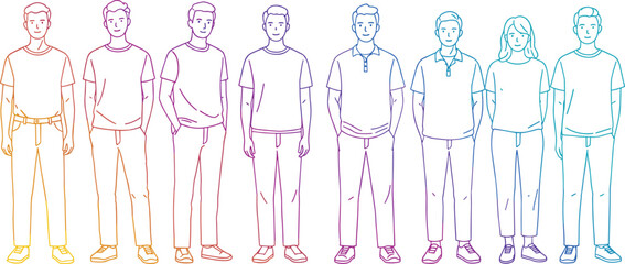 Group of young people standing in line, outline vector style showing diversity, teamwork, unity, modern fashion, casual clothing, gender inclusion