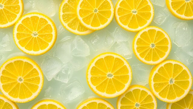 Flat lay of fresh lemon slices with ice cubes on a light background. Bright and refreshing summer citrus theme for food, beverage, and wellness concepts.