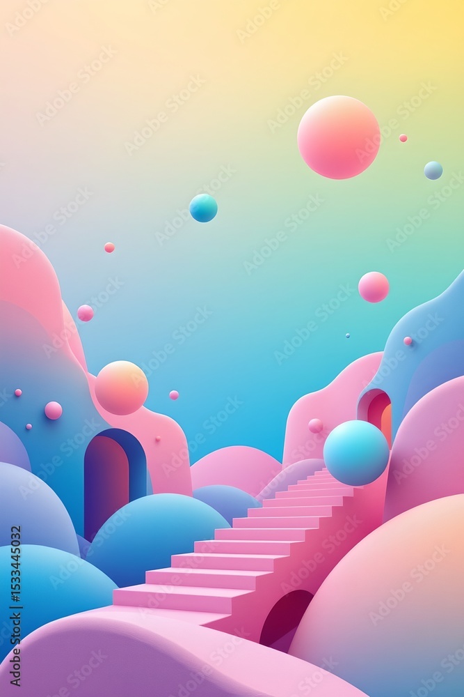 Poster gradient background with floating spheres and smooth architectural shapes, pastel shades, minimal de