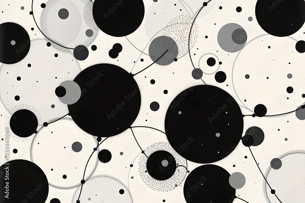 Poster monochrome circles with minimal shading and simple outlines, abstract composition.