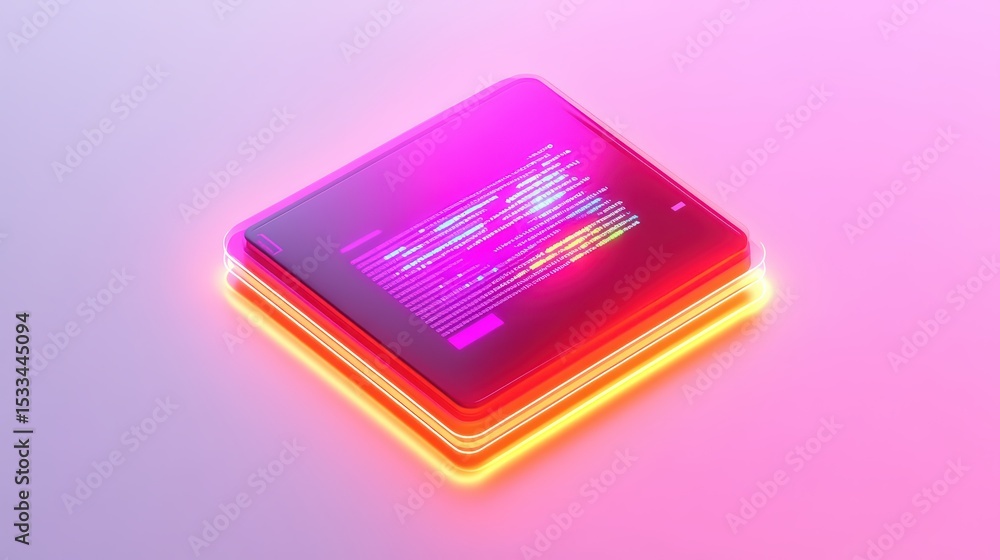 Poster modern tablet with code display and neon accents on colorful background