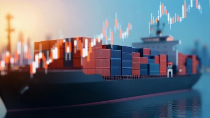 A cargo ship loaded with multicolored shipping containers sails on water, overlaid with financial market graphs and data. - Powered by Adobe