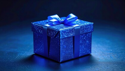 Sparkling Blue Gift Box with Ribbon on Dark Background