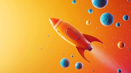 Colorful Rocket Flying Through Space with Bright Background and Planets