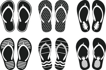 Flip-Flop Sandals Collection Silhouette – Summer Beach Footwear Vector Set
