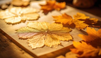 Vibrant Autumn Leaves Preserved and Displayed on a Table Surface