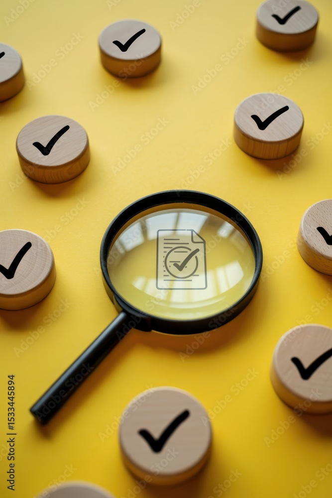 Poster magnifying glass focuses on a document with a checkmark.
