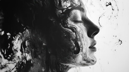 Monochromatic portrait showcasing abstract ink merging with a serene female face