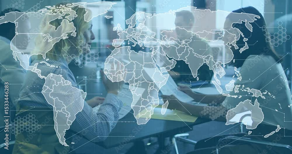 Poster Female colleagues reading report scanning chart starting world map fading visualizing business data