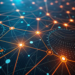 abstract technology background, Artificial intelligence neural network, abstract tech network data connections with orange, blue glowing dots, lines. Machine learning, cloud computing concept.