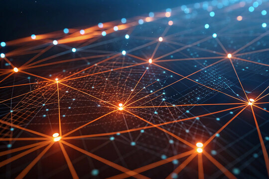abstract background with stars, Artificial intelligence neural network, abstract tech network data connections with orange, blue glowing dots, lines. Machine learning, cloud computing concept.