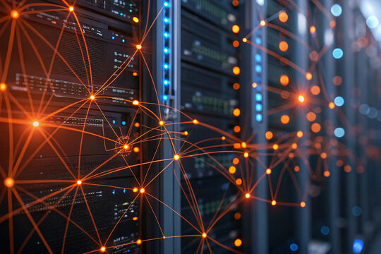 abstract background with colorful lights, Artificial intelligence neural network, abstract tech network data connections with orange, blue glowing dots, lines. Machine learning, cloud computing concep