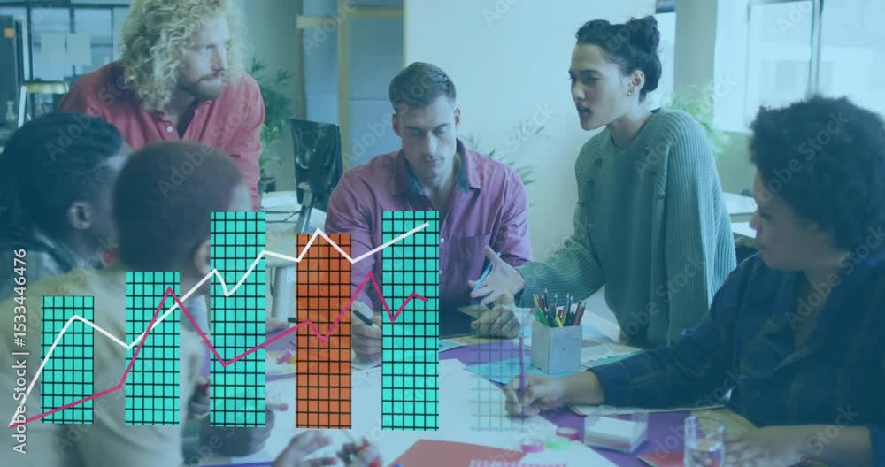 Poster speaker gesturing initiating charts rising and visualizing project data around business team