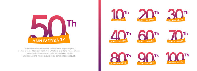 set of anniversary logo style orange ribbon. vector design purple color for celebration