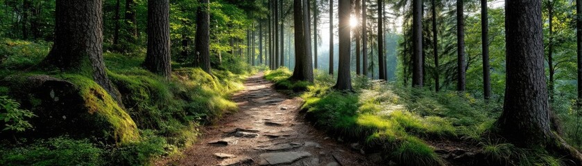 Fototapeta premium Nature escape through therapy with serenity and peace concept. A serene forest path illuminated by soft sunlight.