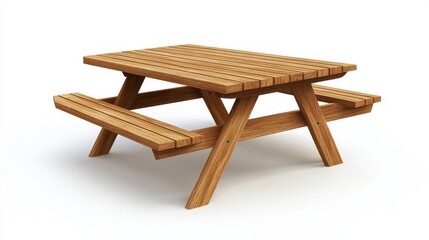 Wooden picnic table isolated on white background.