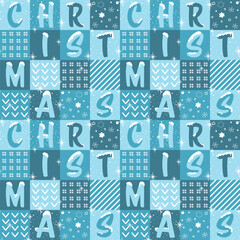 Christmas Abstract Pattern. Seamless Checkered Print. Winter Square Background. Christmas Letters, covered with Snow, Christmas Patterns, Snowflakes, Stars. Vector in Blue, White
