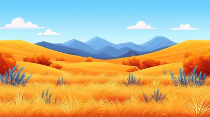 Pixel Art Landscape of Golden Meadow and Mountains Under Blue Sky