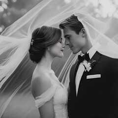 newlyweds, postcard, black and white illustration, wedding