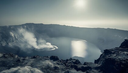 Obraz premium Volcanic crater lake with plumes of smoke.