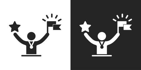 achievement icon, winner holding flag and star symbol in medal icon vector