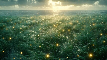 Golden Sun Above a Green Field with Glimmering Light on Sea Water