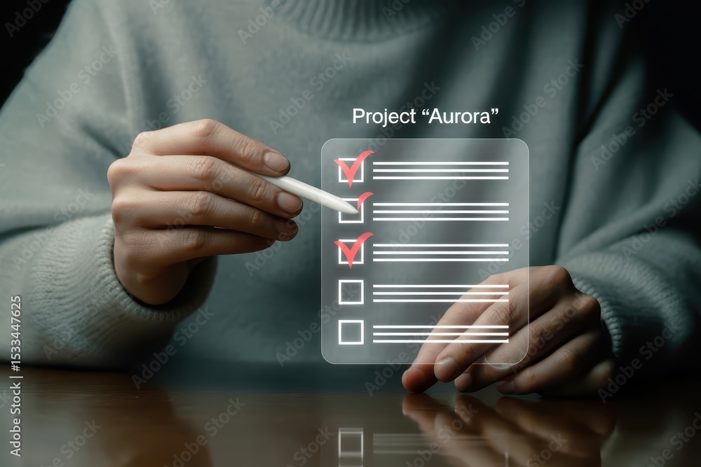 Poster person using a stylus to mark tasks on a transparent checklist.