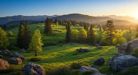Obraz premium Green meadow landscape with trees and mountains