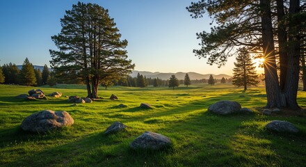 Scenic meadow landscape with trees and boulders