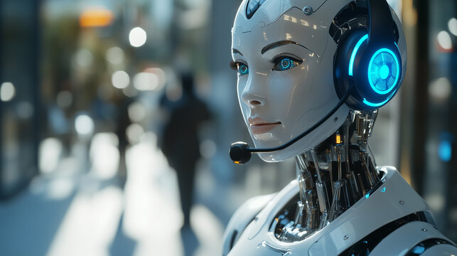 Medium shot of a female humanoid robot call center agent wearing a headset with one microphone