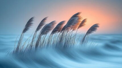 Grasses Swaying With Pixelation Against Orange Sky At Sunset And Sea