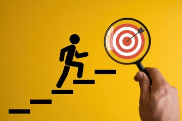 A person climbs stairs towards a target viewed through a magnifying glass.