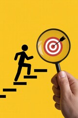 Person climbing stairs with a magnifying glass on a target.