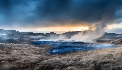 A vast, open landscape with steaming pools and dramatic clouds.