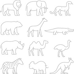 Collection of Wildlife Illustrations Featuring Various Animals from Around the World Depicted in Simple Black and White Outlines