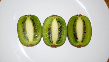 白い平面に中央揃えで整列した3つの半分に切られたキウイが、柔らかな環境光を受けて鮮やかな緑色の果肉を輝かせる

