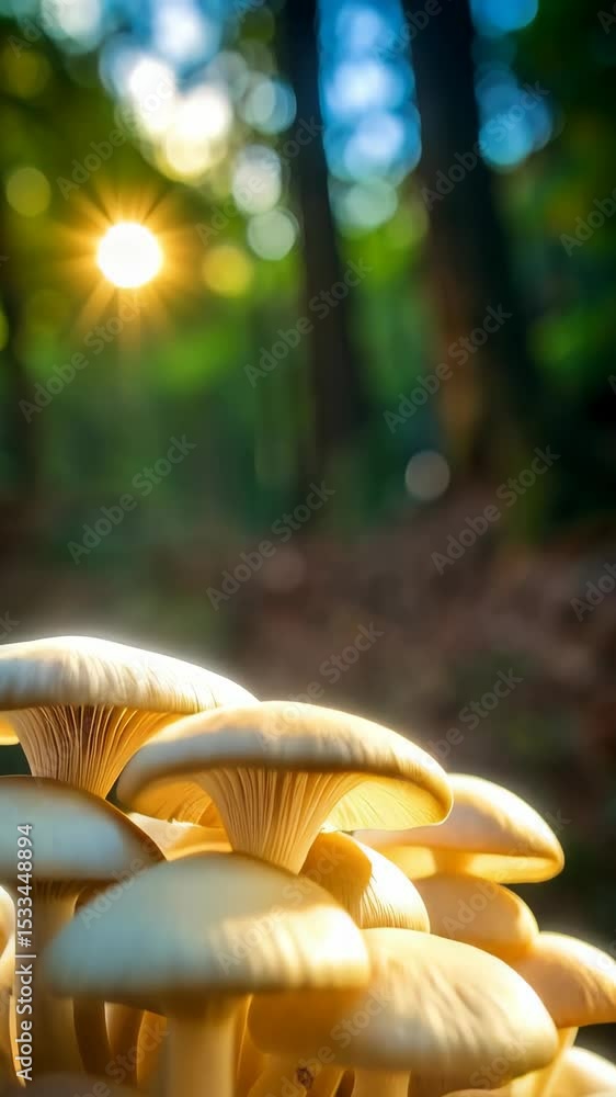 Poster cluster of white mushrooms in a forest illuminated by sunlight streaming through the trees, creating