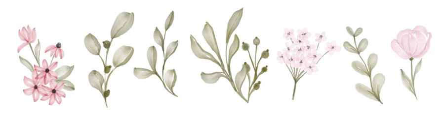 wild flowers isolated on white, hand art watercolor vector design elements